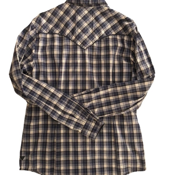 Guess 1981 Los Angeles Western Plaid Shirt Sz. L Pearl Snap Blue Chest Pockets - Picture 2 of 7